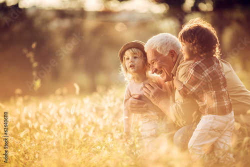 Cuadro en lienzo Young boy and girl spending time at the park with their grandfather