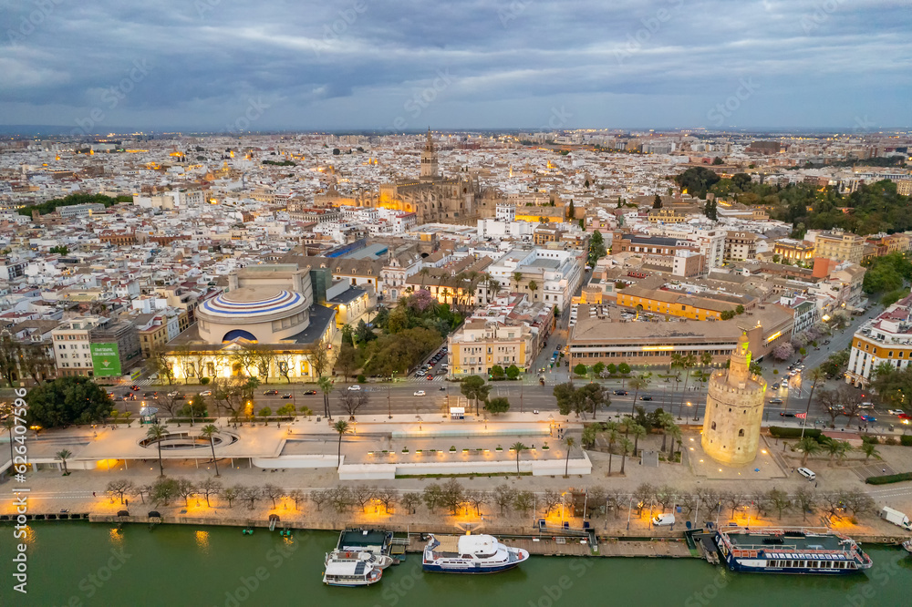 Aerial view of the Seville old town at night, Andalusia region, Spain