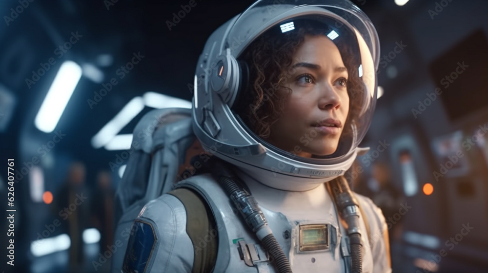 female astronaut with astronaut suit, young adult multiethnic woman, attractive, looking puzzled and frightened or outraged or making a discovery, in the spaceship or on a space station female astronaut with astronaut suit, young adult multiethnic woman, attractive, looking puzzled and frightened or outraged or making a discovery, in the spaceship or on a space station