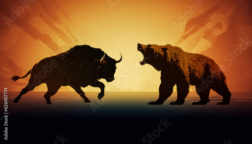 Uncertain sentiment on stock or cryptocurrency market - Bearish vs Bullish trend. Bear and Bull silhouettes against abstract background. Generative AI