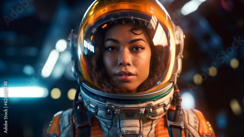 female astronaut with astronaut suit, young adult multiethnic woman, attractive, looking puzzled and frightened or outraged or making a discovery, in the spaceship or on a space station © wetzkaz