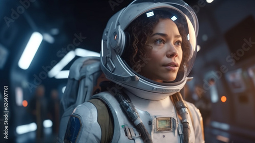 female astronaut with astronaut suit, young adult multiethnic woman, attractive, looking puzzled and frightened or outraged or making a discovery, in the spaceship or on a space station