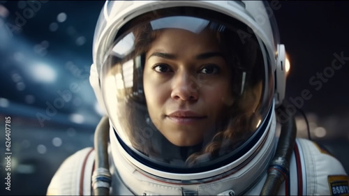 young adult woman, astronaut wears an astronaut suit, glass visor on the helmet, marvels and admires the universe, beauty of the universe, fictitious