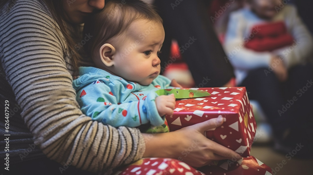 typical christmas eve at christmas, baby wants to cry, mother holds baby in her arms, christmas present, other children or siblings in the background, christmas time with the family, fictional place typical christmas eve at christmas, baby wants to cry, mother holds baby in her arms, christmas present, other children or siblings in the background, christmas time with the family, fictional place