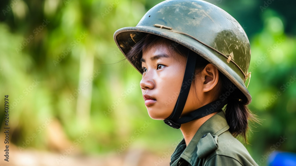 girl child, toddler asian wearing military uniform and protective helmet, rural forest area or island or jungle, fictitious girl child, toddler asian wearing military uniform and protective helmet, rural forest area or island or jungle, fictitious