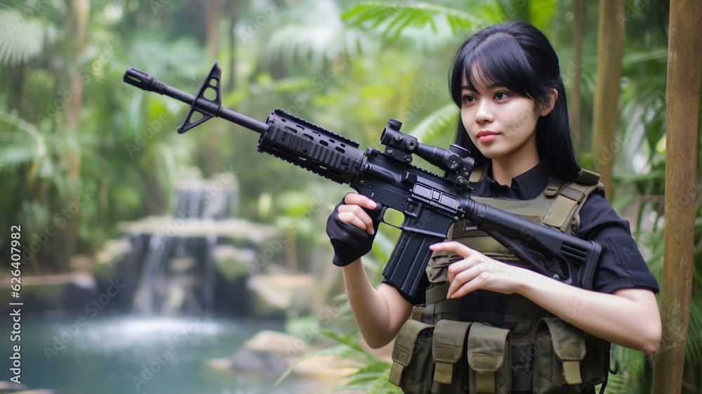 young adult woman or teenager girl is soldier wears military uniform, jungle or nature, fictional place