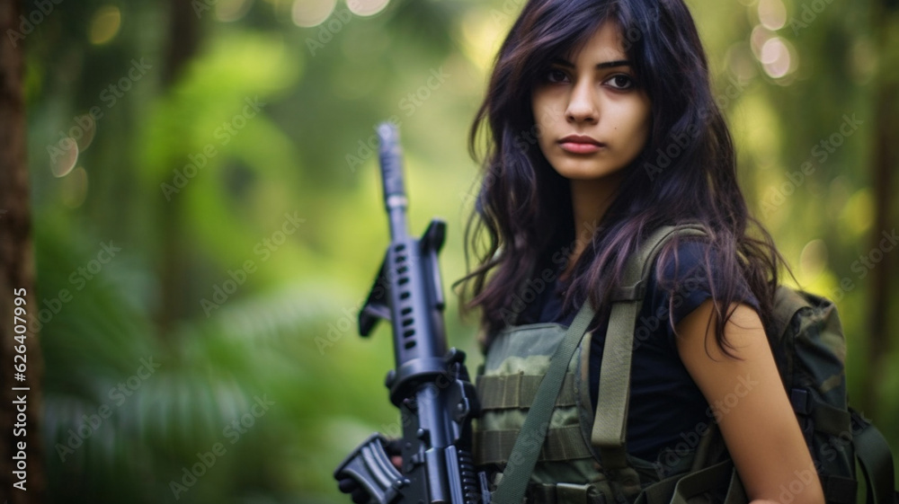 young adult woman or teenager girl is soldier wears military uniform, jungle or nature, fictional place