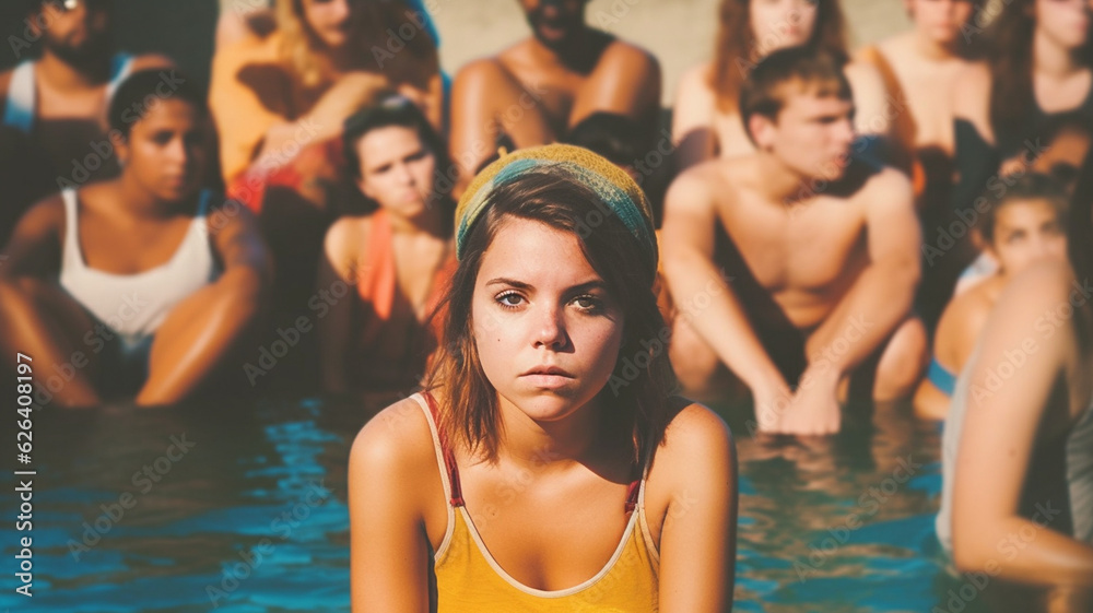teenage girl or young adult woman in public outdoor pool, bikini, outraged or shocked or annoyed or scared or incomprehension, fictional place, summer and sun, crowd, water swimming pool teenage girl or young adult woman in public outdoor pool, bikini, outraged or shocked or annoyed or scared or incomprehension, fictional place, summer and sun, crowd, water swimming pool