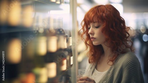 young adult woman or teenage girl, caucasian, red shoulder length hair, sweater, in supermarket, product shelves in refrigerated display case, bottles of wine, alcohol, abstract, fictional location