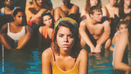 teenage girl or young adult woman in public outdoor pool, bikini, outraged or shocked or annoyed or scared or incomprehension, fictional place, summer and sun, crowd, water swimming pool
