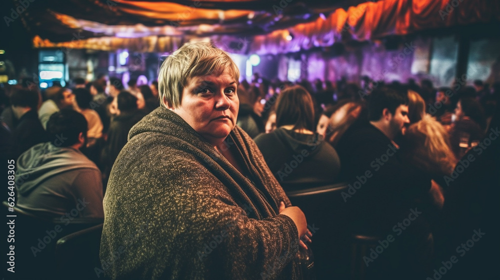 Fototapeta premium in night life, mature adult woman very overweight feels unwell and shy introvert, bar and night life, many people, fictional location