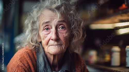 elderly woman with gray hair, wrinkles on her face, at home, sitting in front of her pantry shelf with only a few products, empty grocery shelves, hopeless and unmotivated expression on her face