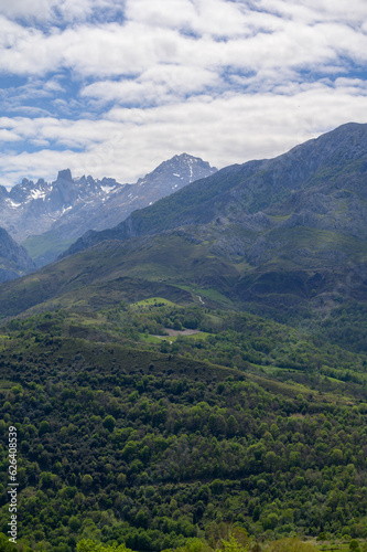 View on Naranjo de Bulnes or Picu Urriellu, limestone peak dating from Paleozoic Era, located in Macizo Central region of Picos de Europa, mountain range in Asturias, Spain
