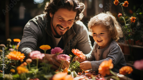 Happy father and his little daughter are florists flower or planting flowers together. © AS Photo Family