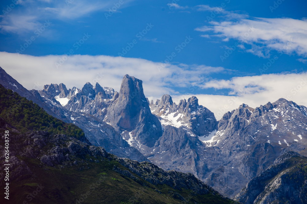 View on Naranjo de Bulnes or Picu Urriellu,  limestone peak dating from Paleozoic Era, located in Macizo Central region of Picos de Europa, mountain range in  Asturias, Spain