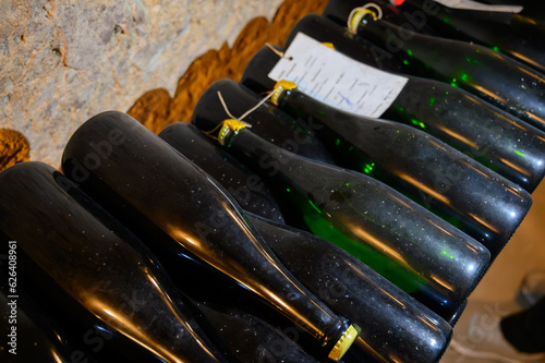 Walking in deep undergrounds caves with bottles on wooden racks, making champagne sparkling wine from chardonnay and pinor noir grapes in Epernay, Champagne, France photo