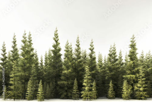 A pristine winter landscape with a row of snow-covered trees in a forest on a white background is AI Generative.