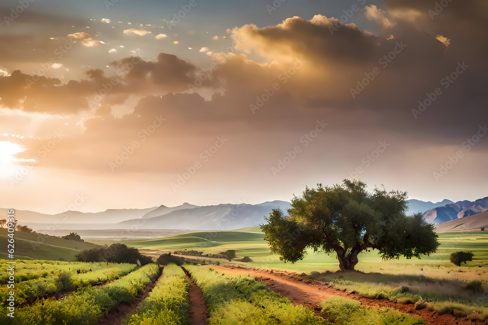 sunset over a natural landscape with a majestic Argan tree - Generative Art