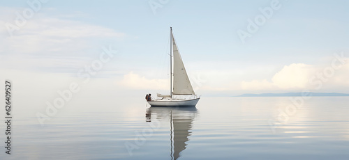  A sailboat that is floating on a body of water, reflection in the water, bright colors