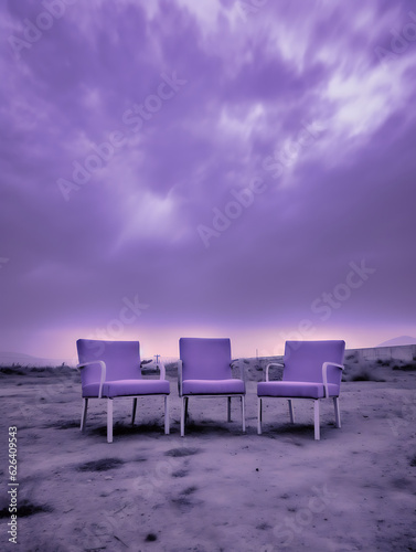 Three chairs in an outdoor area  in the style of atmospheric skies   light violet  monochrome style  minimal concept