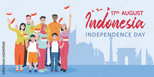 Indonesian independence day, Group of young people holding small flags. Vector