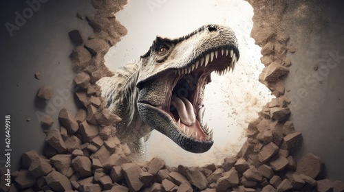 Tyrannosaurus rushes out of the hole in the wall © natalikp