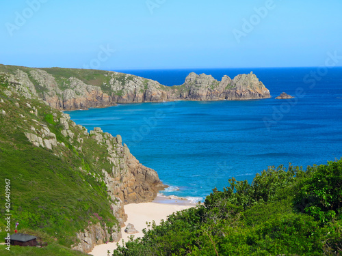 Landscape Porthcurno Beach in South Coast of the Land's End peninsula, West Cornwall. photo