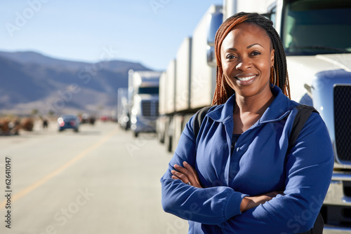 A young black female truck driver posing in front of her truck. Generative AI. 
