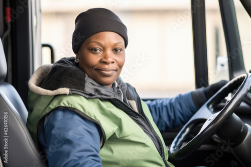A young black female truck driver driving. Generative AI. 