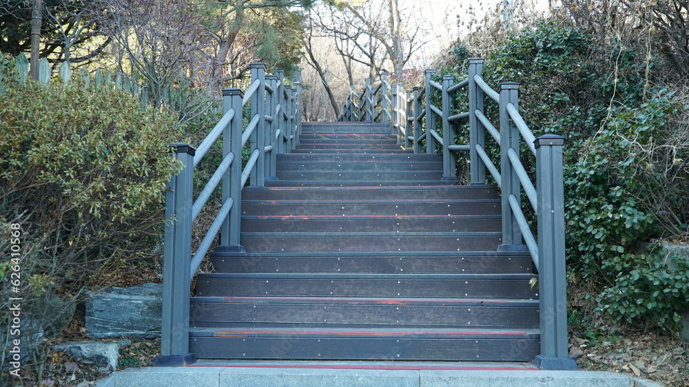 Wooden steps in a winter outdoor park are on a walkway