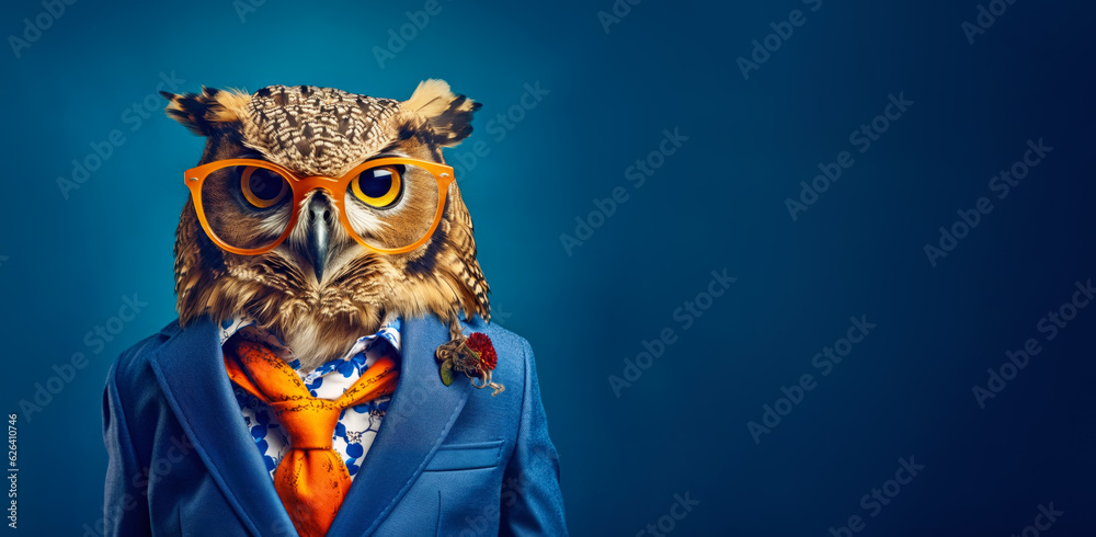 Cool looking owl bird wearing funky fashion dress - jacket, shirt, tie, glasses. Wide banner with space for text at side. Stylish animal posing. Generative AI