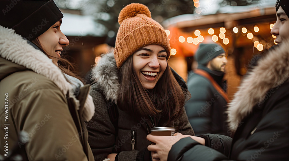 Friends having fun at winter holiday festival Friends having fun at winter holiday festival