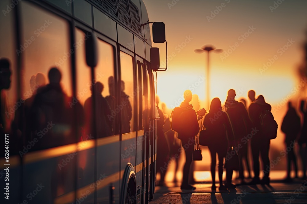 Crowd of people waiting for the bus in the sunset light. City transportation and passengers concept. Beautiful abstract blurred