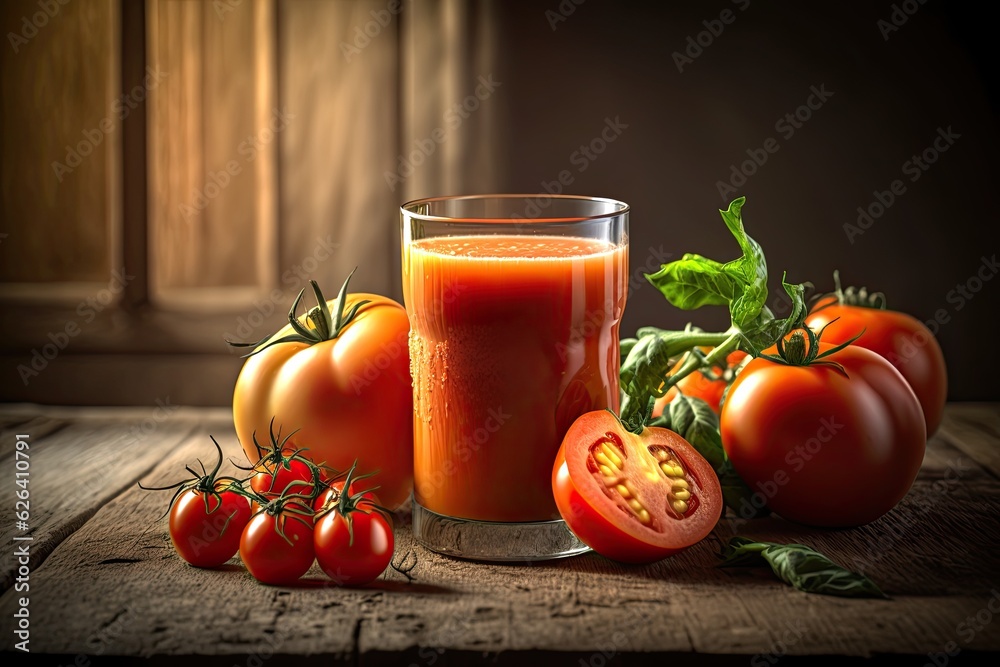 Tomato juice and fresh tomatoes on a wooden table. Healthy drink and diet Tomato juice and fresh tomatoes on a wooden table. Healthy drink and diet