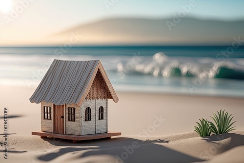 Miniature house on the background of the ocean or sea. Vacation and tourism concept. Rental and booking of accommodation during the holidays. Summer holidays and romantic trip.