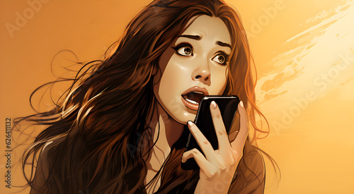 Long haired young woman using her phone in speaker mode. Generative AI.