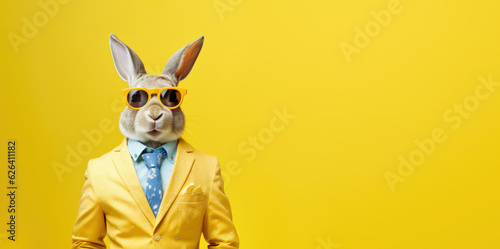 Cool looking rabbit wearing funky fashion dress - jacket, shirt, tie. Wide banner with space for text at side. Stylish animal posing. Generative AI
