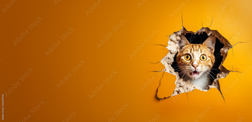 Cat with shocked surprised expression peeking through hole in cracked wall hole. Wide banner with copy space on side. Generative AI
