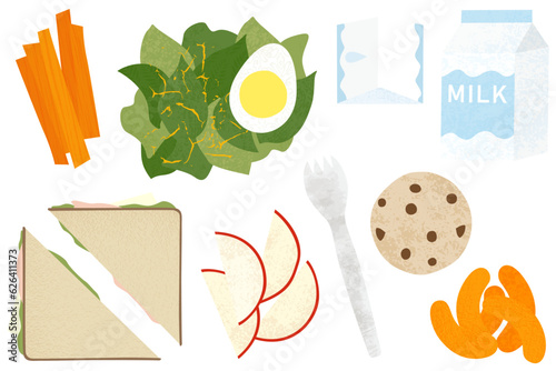 A set of lunch time food items, in a cut paper style with textures
 photo