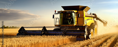 Harvester combine working on a field in afternoon, front wide angle view, golden wheat field foreground - agriculture concept. Generative AI photo