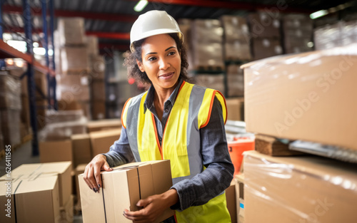 Female worker in a warehouse, African woman in high visibility vest, carton box in her hands, blurred shelves stacks background. Generative AI