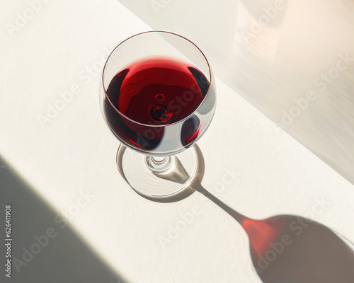 Still life of single glass of red wine against white background with strong light and shadow