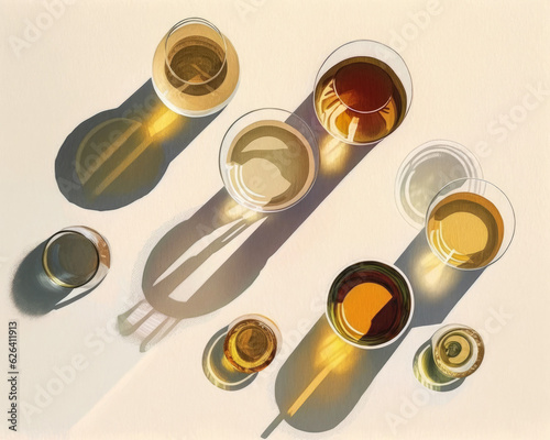 Still life of series of white wine glasses against white background with strong light and shadow