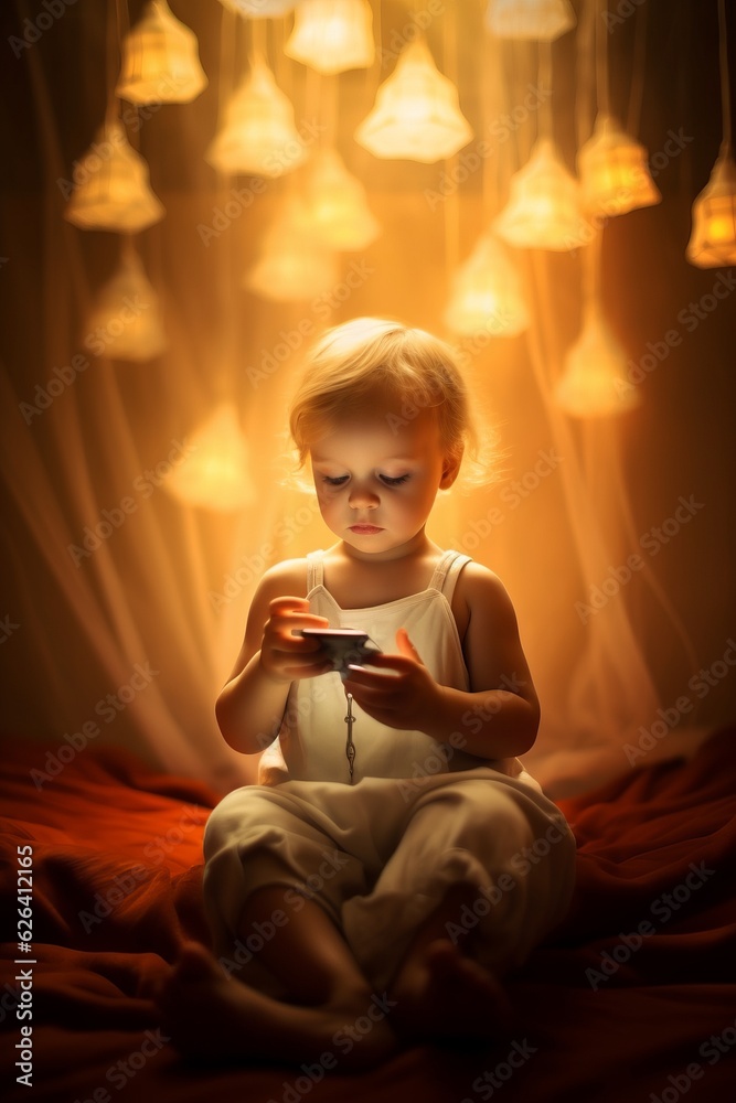 A small child using a smart phone. Generative AI. A small child using a smart phone. Generative AI.