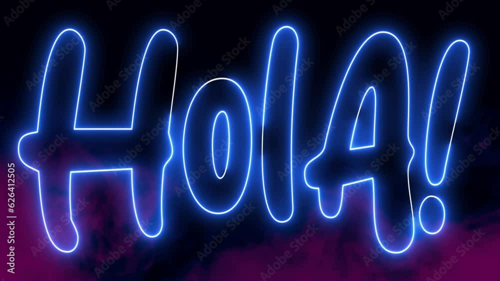 Hola text font with neon light. Luminous and shimmering haze inside the letters of the text Hola. Hola neon sign.