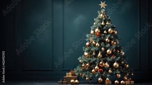 A christmas tree with ornaments and presents in front of a blue wall. Copy space, place for text. photo