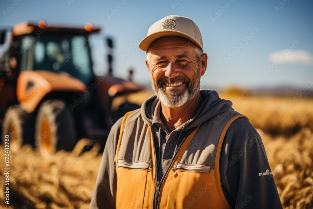 A man standing in a field with a tractor behind him. Modern middle-aged European farmer. A man standing in a field with a tractor behind him. Modern middle-aged European farmer.