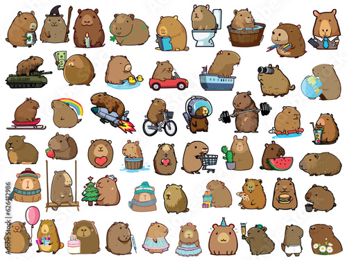 Capybara on a holiday, on vacation, at home, on transport, on a rocket, in space, with plants, a lot of vector drawings set.



