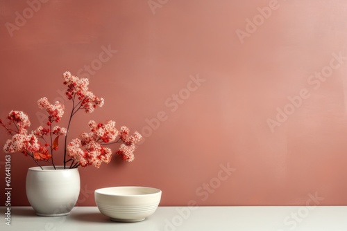 A vase with flowers in it next to a bowl. Autumn, Thanksgiving decor. Copy-space, place for text.