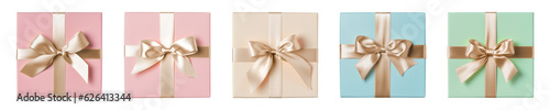 Pastel color gift box with gold ribbon on transparent background. Generative AI